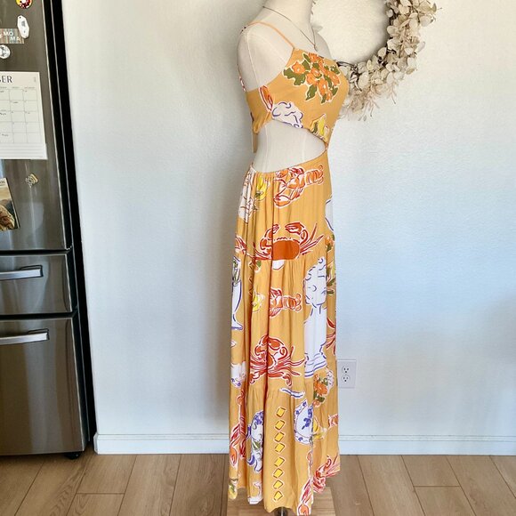 🦀 SABO Aliza Assymmetrical Cut-Out Fit and Flare Maxi Dress Ciao Yellow Print S - Picture 7 of 16